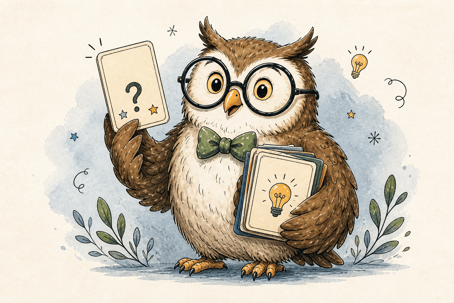 A hand-painted owl holding trivia cards